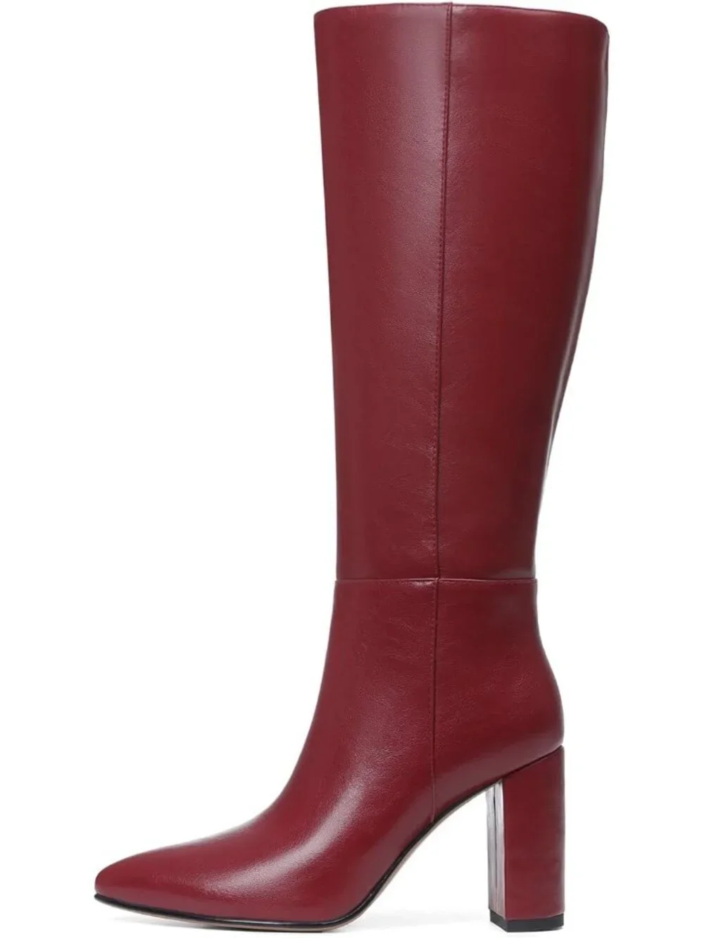 Women's Burgundy Chunky Heel Pointed Toe Non Slip Side Zipper Knee High Boots
